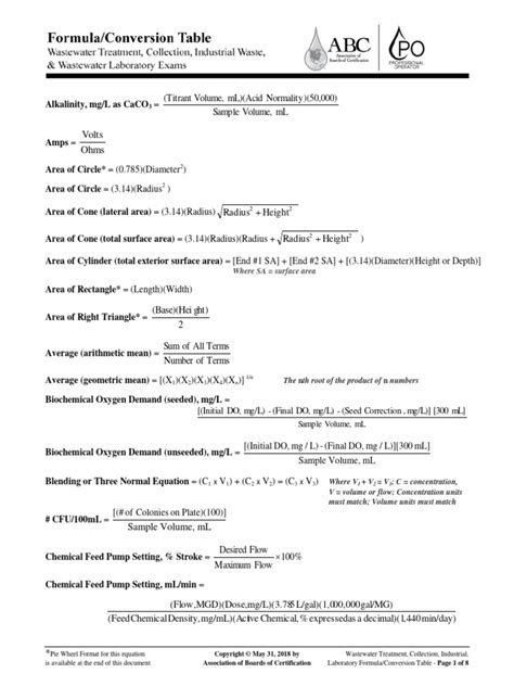 Abc Formula Conversion Table For Water Treatment