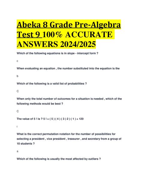 Abeka Algebra 2 Test 8 Answers