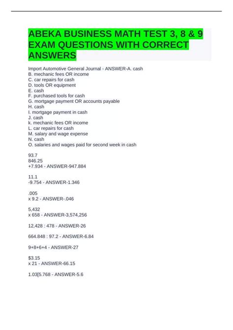 Abeka Business Math Answer Key
