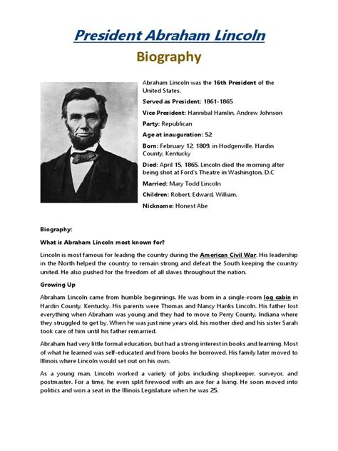 abraham lincoln very brief biography example