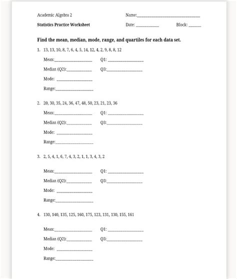 academic algebra 2 statistics practice worksheet