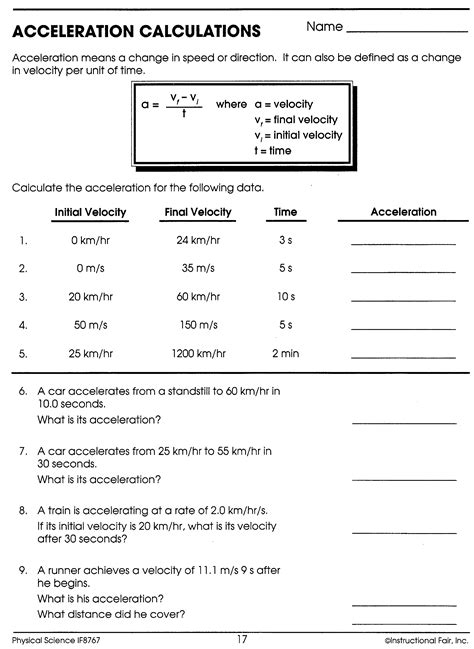 Acceleration Calculation Worksheet With Answers Gcse Physics Tes Calculating Acceleration Worksheet - Calculating Acceleration Worksheet