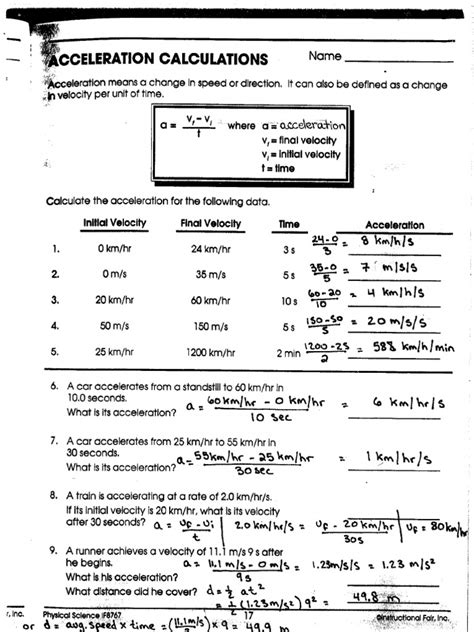 Acceleration Calculations Worksheet Answers   Acceleration Calculations Teaching Resources - Acceleration Calculations Worksheet Answers