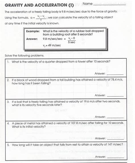 Acceleration Worksheet Middle School   Physics Worksheet A Free Fall Answer Key 8211 - Acceleration Worksheet Middle School