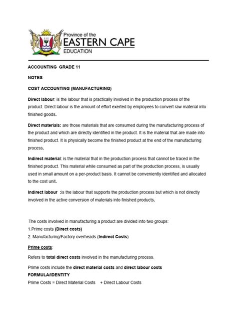 accounting manufacturing notes in grade 12