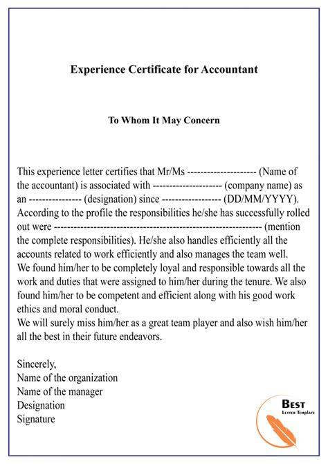 accounts experience certificate letter sample word format