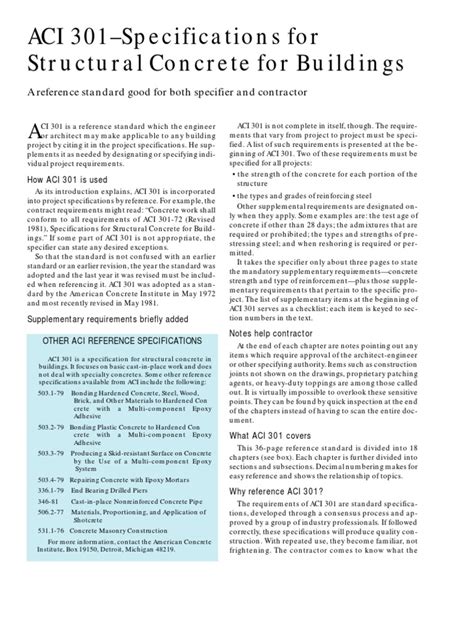 Aci 301 Specifications For Structural Concrete For Buildings