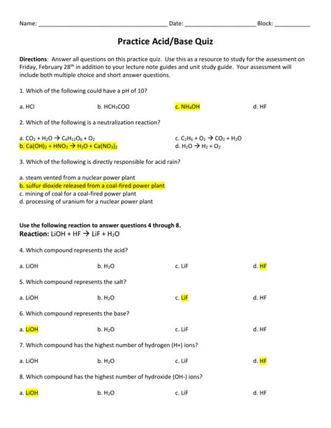 Acid And Base Quiz Answer Key