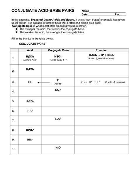 Acid And Base Worksheet Answers Conjugate Acid And Base Worksheet - Conjugate Acid And Base Worksheet