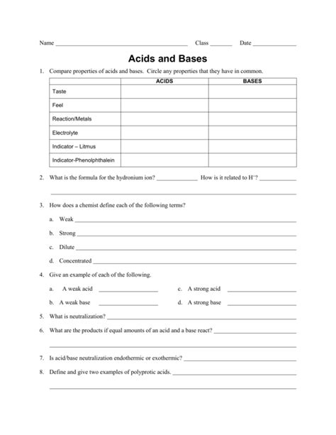 Acid Base Properties Worksheet   Acids And Bases Tests And Worksheets For Printable - Acid Base Properties Worksheet
