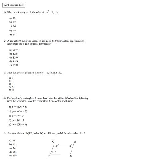 Act Math Free Sample Practice Questions Act Math Worksheets - Act Math Worksheets