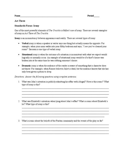 Act Three Standards Focus Irony Answers