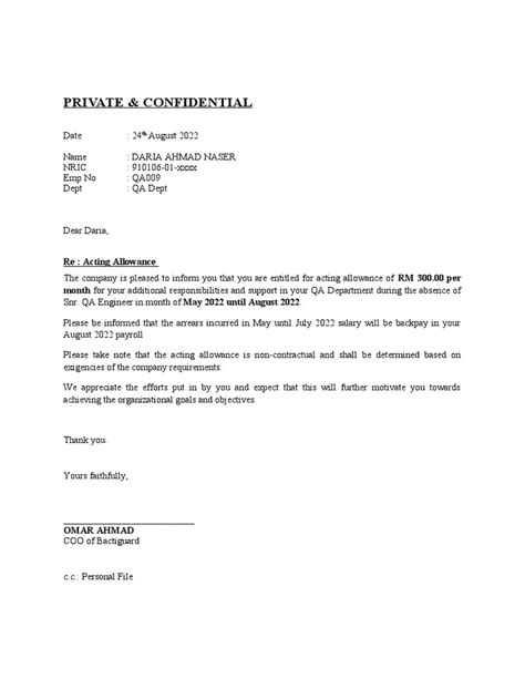 Acting Allowance Letter
