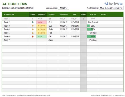 action item log template excel