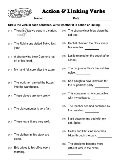 Action Linking And Helping Verbs Worksheets