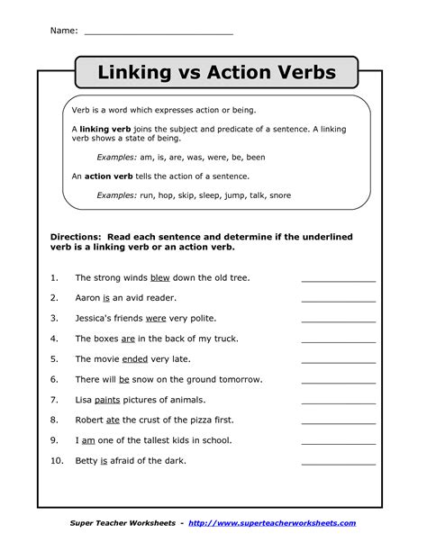 Action Verb And Linking Verb Worksheets Reading Worksheets Linking And Action Verbs Worksheet - Linking And Action Verbs Worksheet