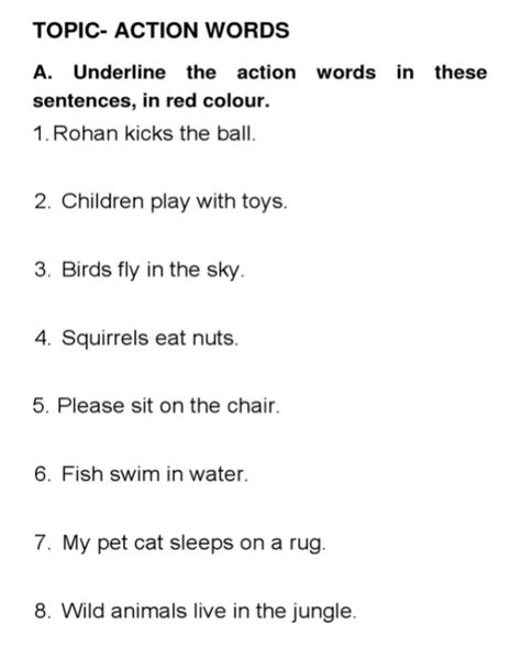 Action Words Sentences For Class 1