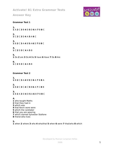 Activate B1 Extra Grammar Answer Keys