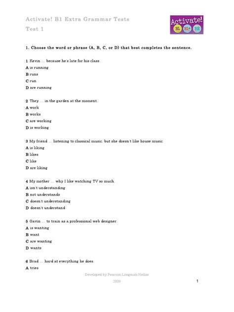 Activate B1 Extra Grammar Tests Test 10