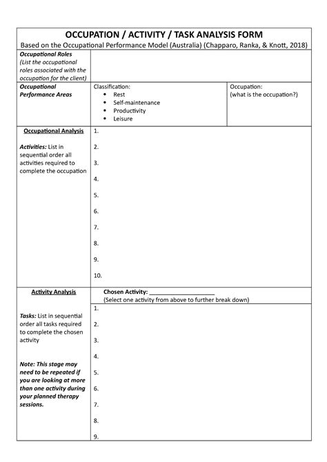 Activity Analysis Template Occupational Therapy