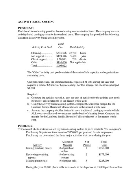 Activity Based Costing Problems And Solutions