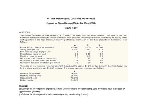 activity based costing questions and solutions drury