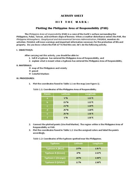Activity Sheet Hit The Mark Plotting The Philippine Area Of Responsibility Par