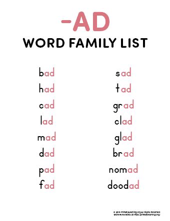 Ad Word Family List Primarylearning Org Ad Words For Kindergarten - Ad Words For Kindergarten