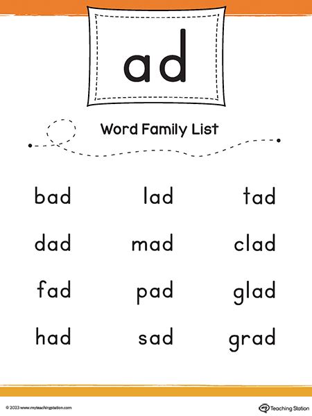 Ad Word Family List Printable Pdf Myteachingstation Com Ad Words For Kindergarten - Ad Words For Kindergarten
