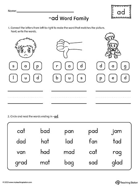 Ad Word Family Match And Spell Worksheet Myteachingstation Ad Words For Kindergarten - Ad Words For Kindergarten