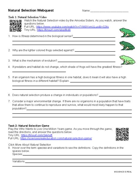 Adaptations And Natural Selection Webquest