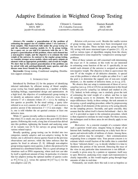 Read Adaptive Estimation In Weighted Group Testing 