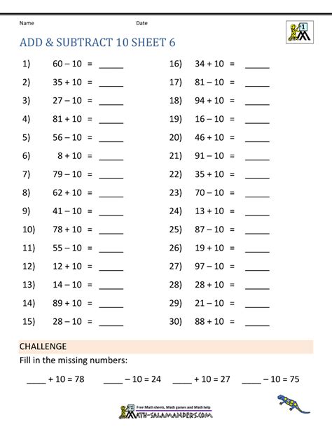 Add And Subtract 10 Worksheet Math Salamanders Subtracting Tens Worksheet - Subtracting Tens Worksheet