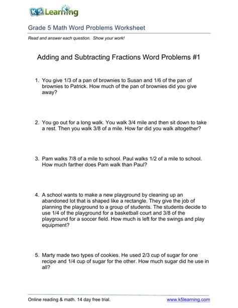 Add And Subtract Fractions Word Problems Same Denominator Worded Fractions - Worded Fractions