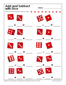 Add And Subtract With Dice Kindergarten 1st Grade Dice Math Worksheet 1st Grade - Dice Math Worksheet 1st Grade