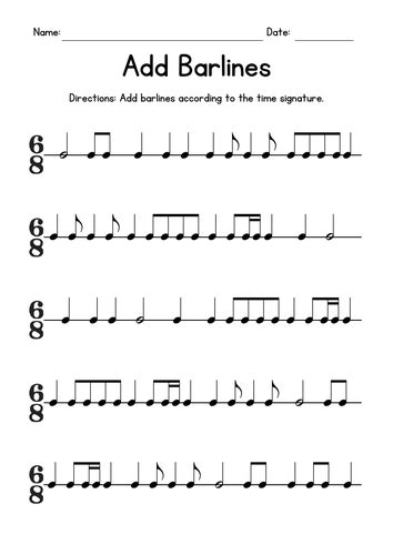 Add Barlines Music Worksheets 6 8 Time Signature 6 8 Time Signature Worksheet - 6 8 Time Signature Worksheet