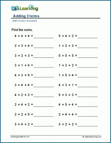 Adding 3 Terms Worksheets K5 Learning 3 Addends Worksheet - 3 Addends Worksheet