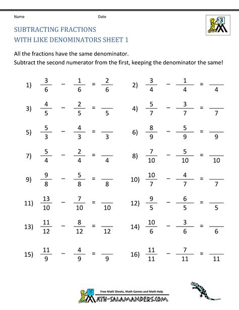 Adding And Subtracting Fraction Worksheets Math Salamanders Subtracting Fractions With Like Denominators Worksheet - Subtracting Fractions With Like Denominators Worksheet