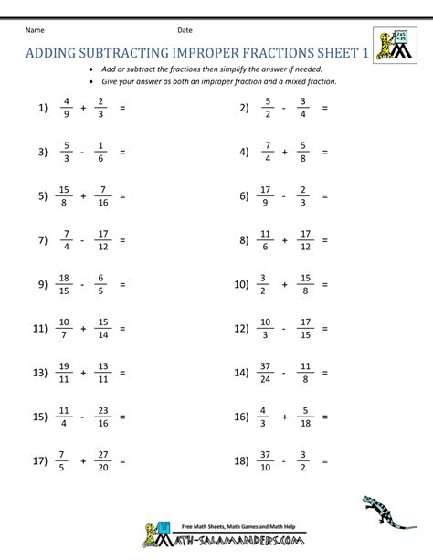Adding And Subtracting Improper Fractions Fifth Grade Interactive Improper Fractions Worksheets 5th Grade - Improper Fractions Worksheets 5th Grade
