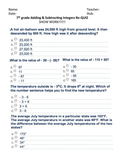 Adding And Subtracting Integers Word Problems