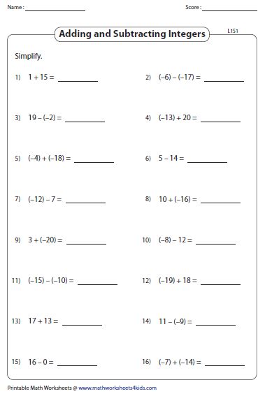 Adding And Subtracting Integers Worksheets For Grades 6 Integer Worksheets Grade 6 - Integer Worksheets Grade 6