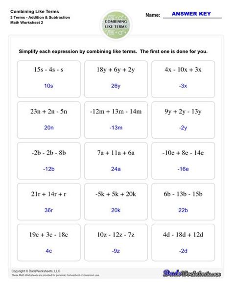 Adding And Subtracting Like Terms Worksheet