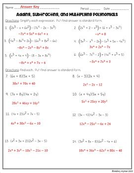 adding and subtracting polynomials worksheet answers