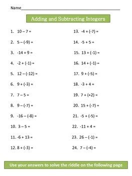 Adding Ans Subtracting Integers Work Sheet Subtraction Drill Sheets - Subtraction Drill Sheets