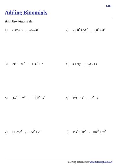 Adding Binomials Worksheets Tutoring Hour Adding Binomials Worksheet - Adding Binomials Worksheet