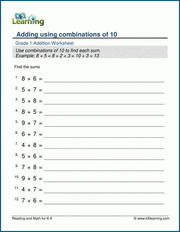 Adding Combinations Of 10 Worksheets K5 Learning Sums Of Ten Worksheet - Sums Of Ten Worksheet