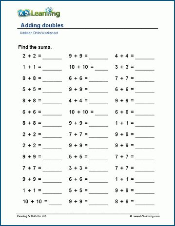 Adding Doubles Worksheets K5 Learning Adding Doubles Worksheet - Adding Doubles Worksheet