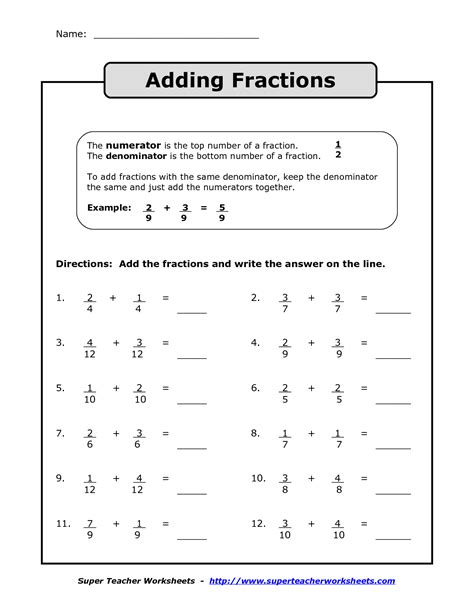 Adding Fraction Worksheet   Fourth Grade Adding Fractions Worksheet - Adding Fraction Worksheet