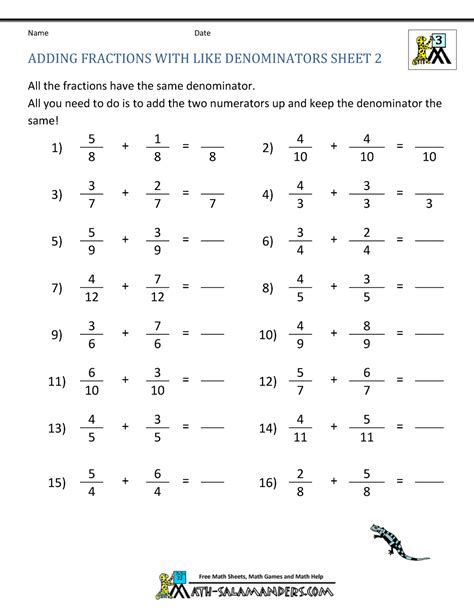 Adding Fractions With Like Denominators Worksheets Math Salamanders Adding Same Denominator Fractions - Adding Same Denominator Fractions