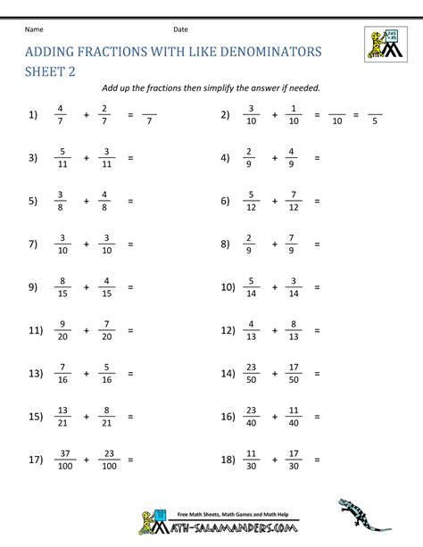 adding fractions worksheet